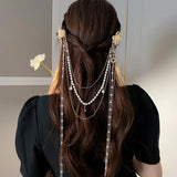 Fashion Peal Rhinestone Flower Hairpin Long Tassel Hair Claws For Women Wedding Hair Clip Dainty Sparkle Hair Accessories