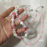 New Korean Fashion Harajuku Cute Y2K Pink Pearl Peach Heart Necklace For Female Girl Bff Party EMO Grunge Jewelry Accessory