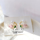 New Pink Tulip Flowers Stud Earrings Contracted Fashion Elegant Fine Pearl Trend Women Earrings Christmas Jewelry