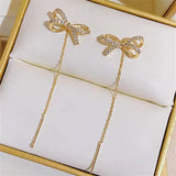 New Sparkling Zircon Bow Earrings Long Fringe Jewelry Women Fashion Wedding High Jewelry Party Gifts