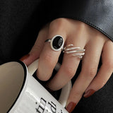 Fashion Geometric Black Stone Rings for Women Girl Korean Simple Adjustable Couple Jewelry