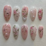 24Pcs Short Round Head Pink Fake Nails with Rose Flowers leaf Pattern Wearable Almond False Nail Full Cover Press on Nails Tips