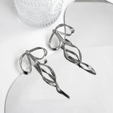 Korean Design Fashion Simple Silver Color Metal Line Bow Earrings Elegant Big Long Bowknot Drop Earrings Female