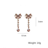 Bowknot Rhinestone Dangle Earrings for Women Long Tassel Pearl Earrings Weddings Party Jewelry