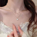 New Fashion Trend Light Luxury Elegant Delicate Pearl Double Layer Heart Necklace Ladies High Jewelry Party Gifts Wholesale