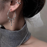 Punk Gothic Silver Color Lava Drop Shape Irregular Big Hoop Earrings for Women Fashion Korean Liquid Metal Jewelry