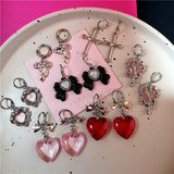 Y2K Vintage Goth Red Pink Crystal Heart Bowknot Cross Earrings Girl Christmas Rave EMO 2000s Aesthetic Scene Jewelry Accessories