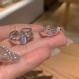 Kpop Blue Opal Heart Rings for Women Fashion Punk Gothic Open Flower Rhinestone Finger Rings Wedding Party Trendy Girls Jewelry