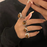 Natural Tiger's Eye Stone Ring For Women Fashion Retro High Sense Metal Overlapping Ring Jewelry Accessories