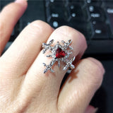 Punk Aesthetic Red Zirconia Heart Cross Open Ring Women Hip Hop Grunge Halloween Aesthetic Gothic Rave EMO Jewelry Accessories