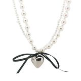 Korean INS Sweet Cool Style Ribbon Bow Heart Double Layer Pearl Necklace for Female Minority Design Sense Collar Chain