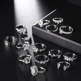 15pcs Bohemian Style Ladies Metal Joint Ring Set Leaves Fashion Crystal Water Droplets Rings