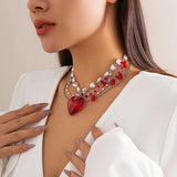 Luxury Multi layered Red Crystal Peach Heart Pendant Necklace for Women Elegant Imitation Pearl Link Chain Jewelry