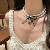 Korean INS Sweet Cool Style Ribbon Bow Heart Double Layer Pearl Necklace for Female Minority Design Sense Collar Chain