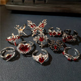 Goth Punk Vintage Red Crystal Love Heart Cross Geometry Irregular Open Ring Set Y2K Halloween Accessories For Women Kpop Jewelry