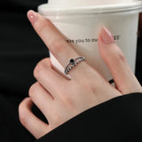 Sliver-plated Black Zircon Wheat Ears Leaf Ring for Women Girl Gift Double Layer Simple Jewelry