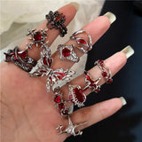 Goth Punk Vintage Red Crystal Love Heart Cross Geometry Irregular Open Ring Set Y2K Halloween Accessories For Women Kpop Jewelry