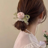 Sweet Rose Flower Hair Scrunchies Women Mesh Large Hair Rope Girl Fairy Hair Tie Simple Ins Headdress Female Ponytail Holder