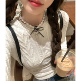 Korean INS Sweet Cool Style Ribbon Bow Heart Double Layer Pearl Necklace for Female Minority Design Sense Collar Chain