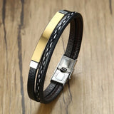 Trendy Men Leatherwear Weave Bracelet Leisure Color Contrast Stainless Steel Bangle