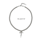 634C Fashionable Choker with Pendant Graceful Bowknot Pendant Choker Necklace with Gray Pearls Neck Jewelry Accessories