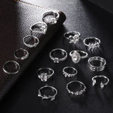 15pcs Bohemian Style Ladies Metal Joint Ring Set Leaves Fashion Crystal Water Droplets Rings