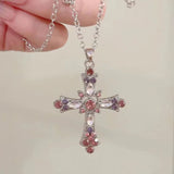 New Y2K Punk Pink Purple Zircon Cross Necklace for Women Rhinestone Pendant Clavicle Chain Charm Party Jewelry Gifts