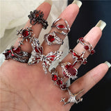 Goth Punk Vintage Red Crystal Love Heart Cross Geometry Irregular Open Ring Set Y2K Halloween Accessories For Women Kpop Jewelry