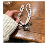 Korean INS Sweet Cool Style Ribbon Bow Heart Double Layer Pearl Necklace for Female Minority Design Sense Collar Chain