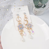 New Korean shiny Crystal flowers Trendy Women Drop Earrings senior long geometric metal circular fine pearl Earrings