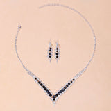 Elegant Blue Rhinestone Crystal Wedding Bridal Jewelry Set for Women Silver Plated V Shape Choker Necklace Earrings Set