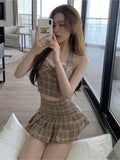 Plaid suit women camisole + short skirt two-piece sets summer new temperament vintage lace patchwork sleeveless suit trend