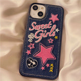 Punk Vintage Denim Rainbow Heart Phone Case Korea INS For iPhone 13 12 11 Pro XS Max X XR Fashion Cow Shockproof Soft Case