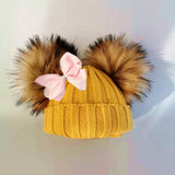 Mtcytea kids winter toddler baby kids faux fur butterfly ribbon tie hat cap beanie with 2 two double pom poms scarf ears hat for girl