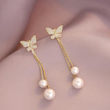 Korean  Fashion Jewelery Elegant Butterfly Long Pearl Crystal Earrings For Women Tassel Girl Earring Gift