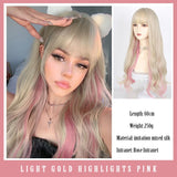 Lolita White Gold Highlight Pink Synthetic Big Wave Wig With Air Bangs Women's Cosplay Natural Heat Resistant Wig.