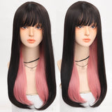 Synthetic Long straight hair black comic bangs girl wig natural bangs cosplay Lolita party Heat-resistant wig