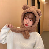 Cartoon Bear Ear Lamb Beanie Hat With Mask Warm Balaclava Winter Thickened Ear Protection Autumn Skullies Beanies for Women Girl