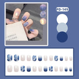 Mtcytea  24Pcs Fashion Short Round Head Fake press on Nail Cute MilkTea Color Shiny Gold Foil Blooming Gradient artificial nail with glue