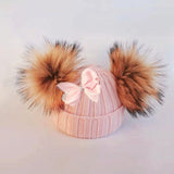 Mtcytea kids winter toddler baby kids faux fur butterfly ribbon tie hat cap beanie with 2 two double pom poms scarf ears hat for girl