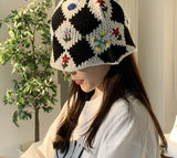 New Hand Woven Crochet Flower Bucket Hats Women Autumn Cotton Yarn Soft Fisherman Hat Lady Plaid Color Matching Beach Hats