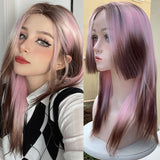 LANLAN Synthetic Pink Gradient Brown Front Lace Long Straight Wig Cosplay Everyday Party Lolita Lace Wig For Women