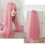 Long straight hair wig synthetic pink bangs Cosplay wig ladies synthetic bangs wig