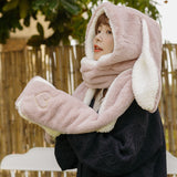 women fashion Cute Cartoon Rabbit ears HatImitation mink Cap girl Winter Warmth Thickened with Scarf gloves one-piece hat