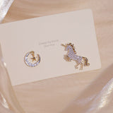 Korean Fasion Creative Asymmetry Unicorn Women Earrings AAA Bling Zircon Moon Star Stud Earring Wedding Jewelry for Bridal