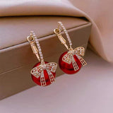 Fashion Trend Crystal Zircon Bow Pendant Earrings For Women Party Girl Imitation Pearl Dangle Earrings Luxury Wholesale Jewelry