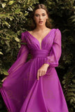 Pink Prom Dress Long Sleeves Chiffon V Neck A Line Empire Waist Floor Length Pleats Evening Party Gown Elegant Custom Made