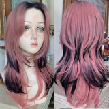 LANLAN Synthetic Pink Gradient Brown Front Lace Long Straight Wig Cosplay Everyday Party Lolita Lace Wig For Women