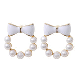 New Korean Elegant Trendy Round Crystal Wreath Bow Stud Earrings for Women Imitation Pearls Jewelry Oorbellen Gift