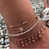 Tocona Layered Gold Color Shell Pendant Chain Ankle Bracelet Leg Foot Jewelry Boho Charm Anklets for Women Accessories Mujer